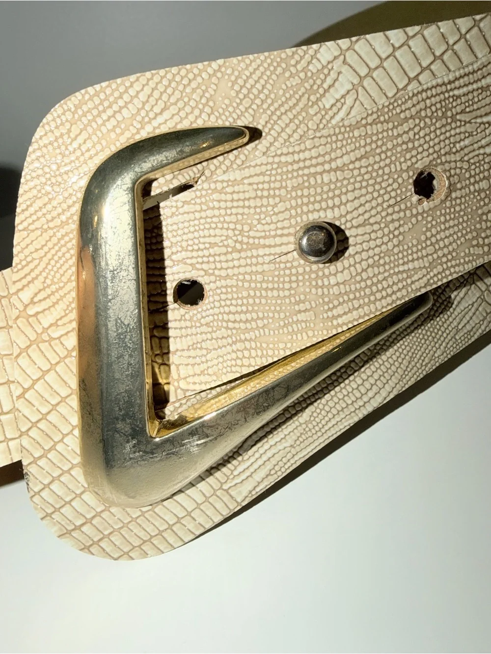 Vintage Shiny Beige Tan Embossed Snakeskin Wide Belt With Gold-Tone Detail